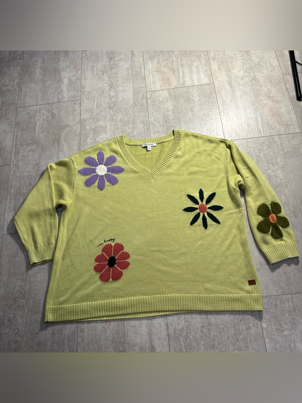 Peace Love World Lime Green V-Neck Sweater with Floral print 100% Cotton Sz 2X